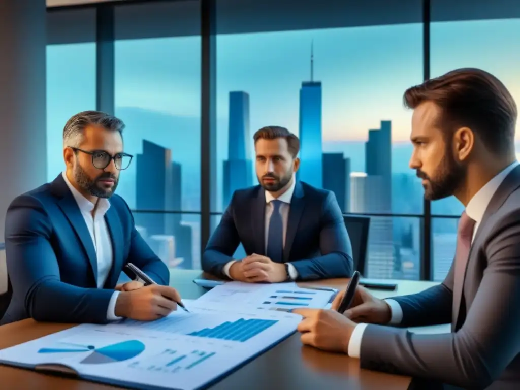 Expertos financieros analizando gráficos de interés en moderna sala de reuniones con ciudad de fondo