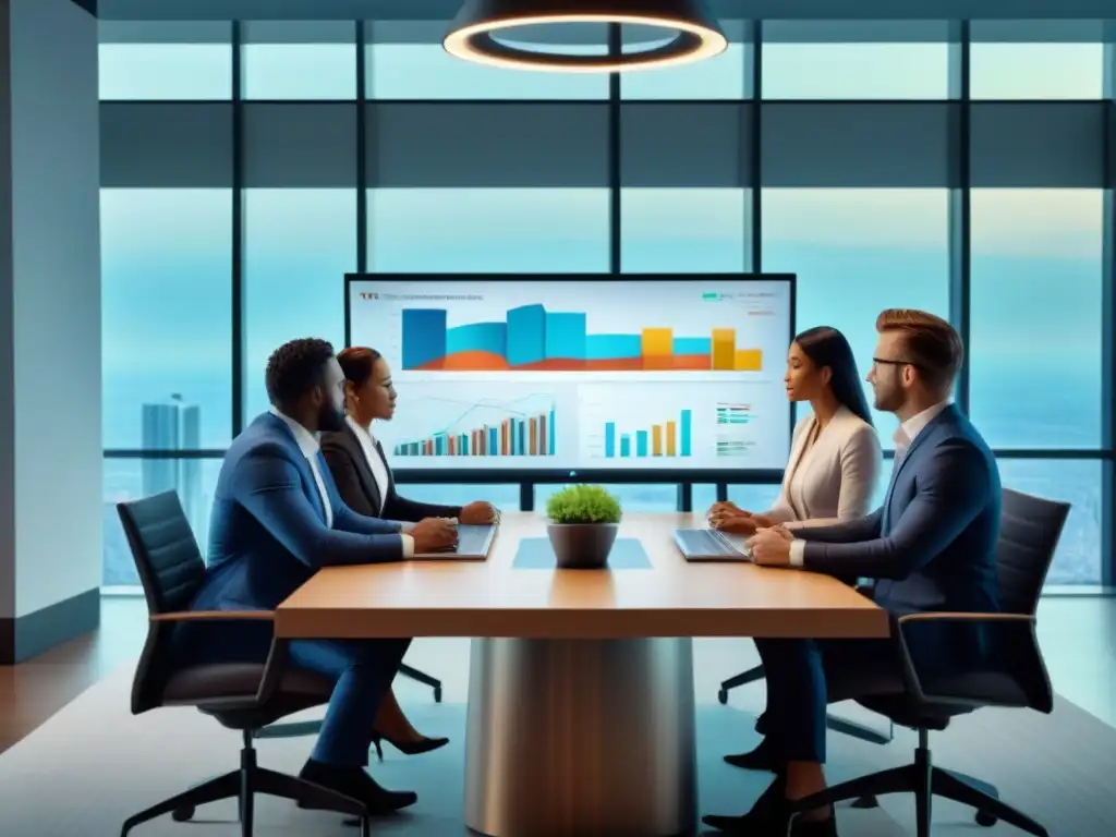 Reunión financiera de expertos en oficina moderna Expertos financieros analizando gráficos en oficina moderna