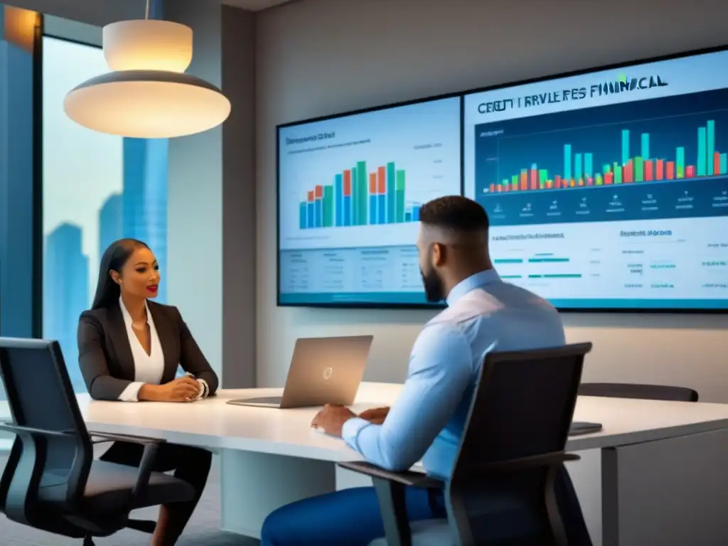 Expertos financieros analizan informes crediticios en moderna oficina