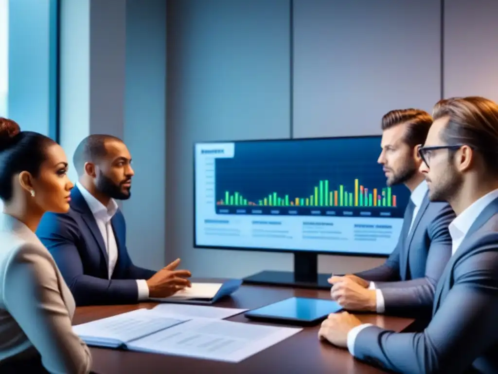 Expertos financieros analizan datos de préstamos en boardroom moderno Expertos financieros analizando préstamos interés solo inmobiliarios en una sala de juntas moderna y sofisticada