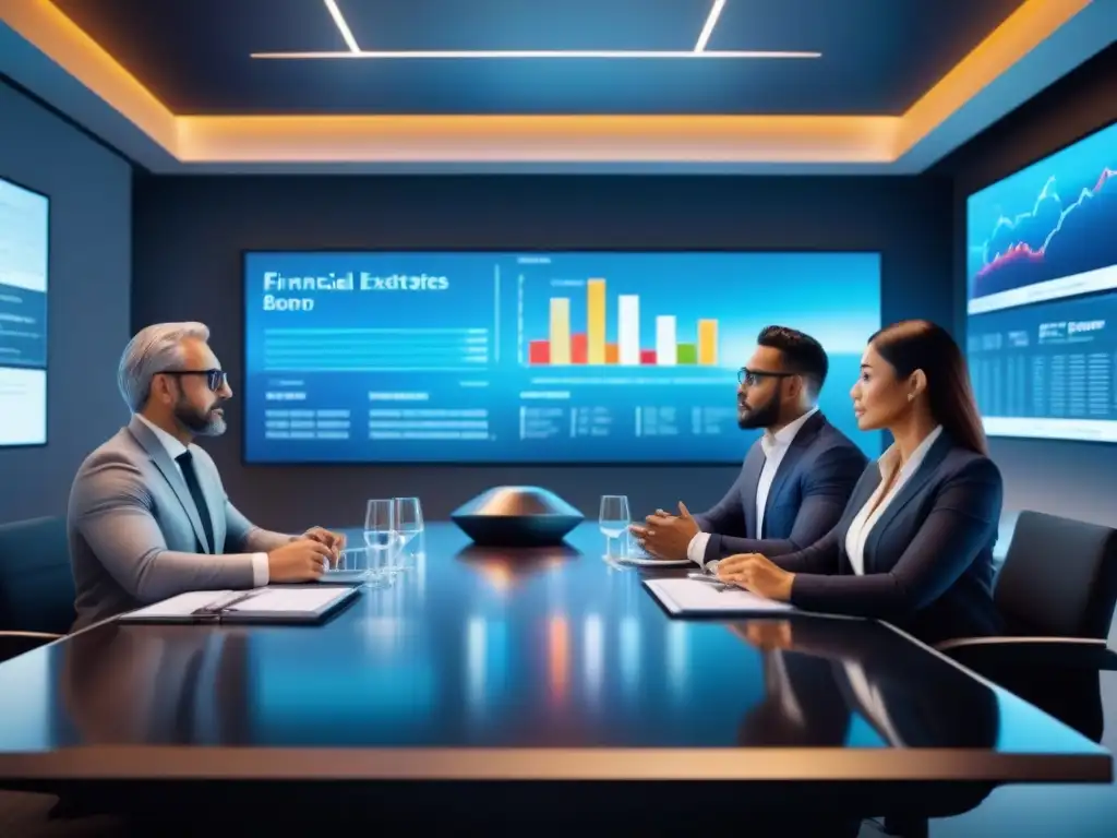 Expertos financieros analizan estrategias de riesgo inmobiliario en mesa futurista Expertos financieros evaluando riesgos de préstamos inmobiliarios en sala de reuniones futurista