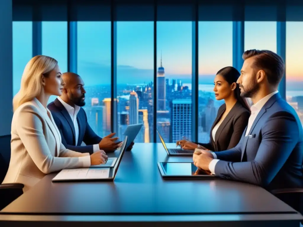 Expertos financieros analizan estrategias de inversión inmobiliaria Expertos financieros en sala de juntas moderna, analizando estrategias de inversión inmobiliaria