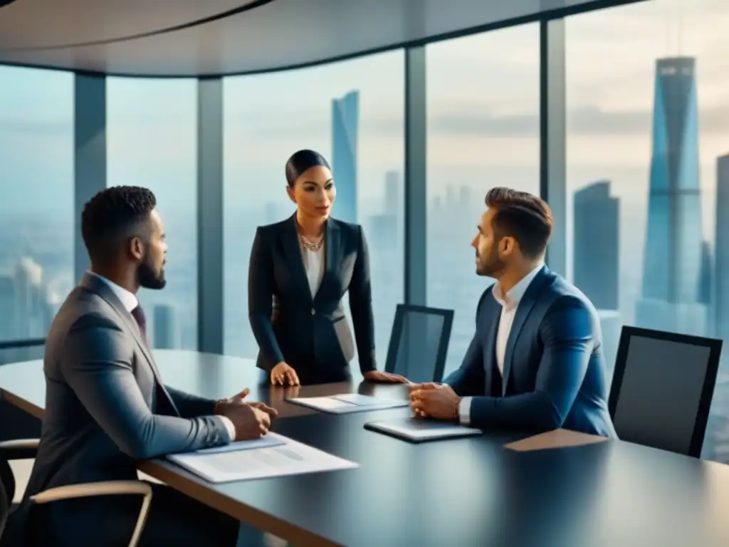 Profesionales internacionales debatiendo estrategias fiscales en boardroom de lujo Expertos en estructuración fiscal de inversiones inmobiliarias extranjeras colaboran en moderna sala de juntas con vista a la ciudad