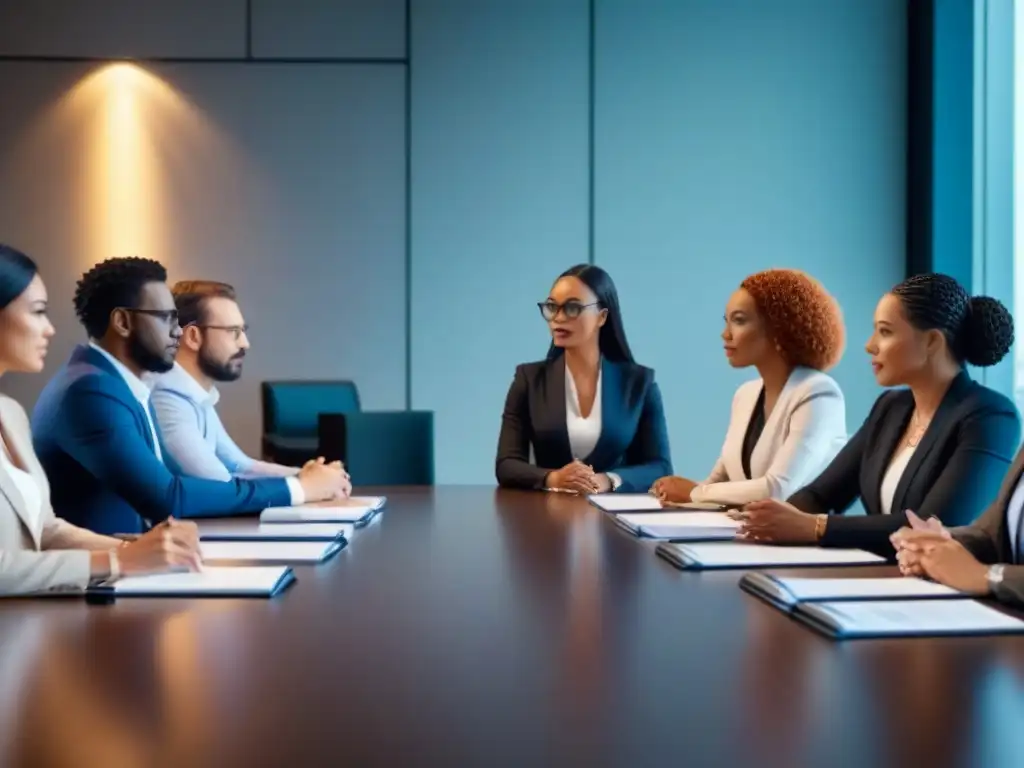 Profesionales colaborando en moderna sala de reuniones sobre REITs Expertos debaten impacto legislación REITs financiamiento en sala moderna iluminada