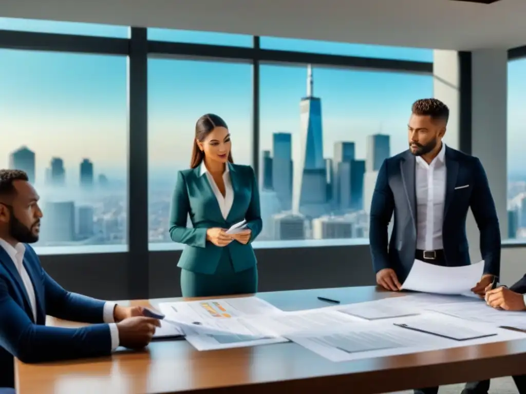 Profesionales discuten valoración inmobiliaria en sala moderna Expertos en inmobiliaria discuten documentos de valuación, resaltando colaboración y expertise