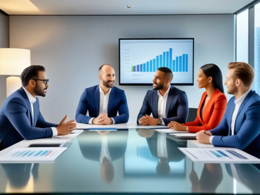 Expertos inmobiliarios en reunión estratégica en moderno boardroom Expertos inmobiliarios discuten estrategias en una sala moderna y luminosa, enfocados en el valor percibido de propiedades