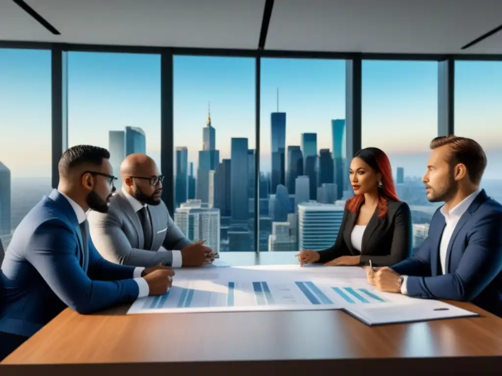 Profesionales inmobiliarios diversificados en reunión estratégica Expertos inmobiliarios en mesa discutiendo estrategias para tasaciones inmobiliarias, ambiente colaborativo y profesional