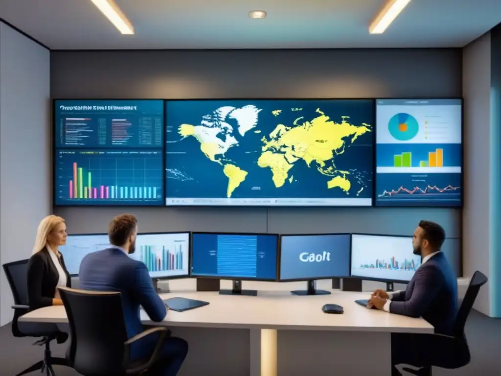 Profesionales inmobiliarios analizan tendencias globales en oficina moderna Expertos inmobiliarios analizan riesgos inversión propiedades inmobiliarias en oficina moderna con pantallas digitales y gráficos