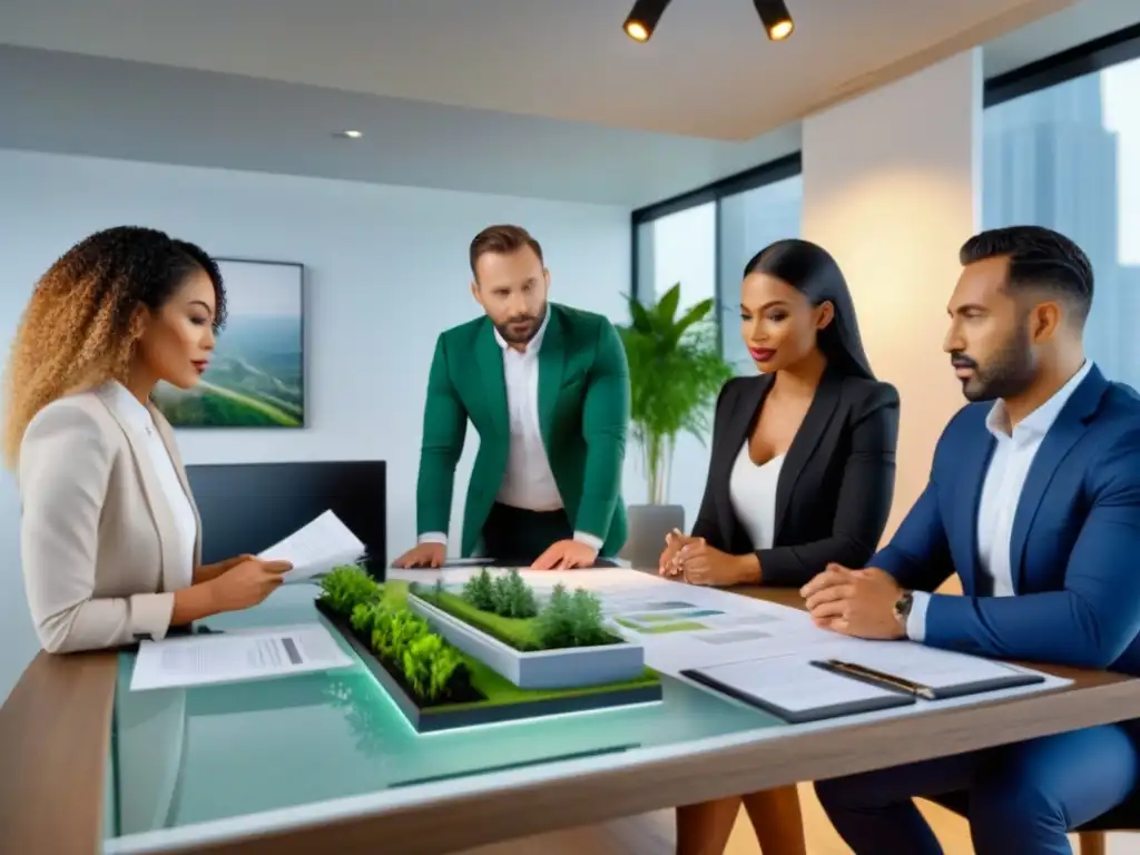 Profesionales inmobiliarios en reunión detallada Expertos inmobiliarios revisan tasaciones en moderna oficina