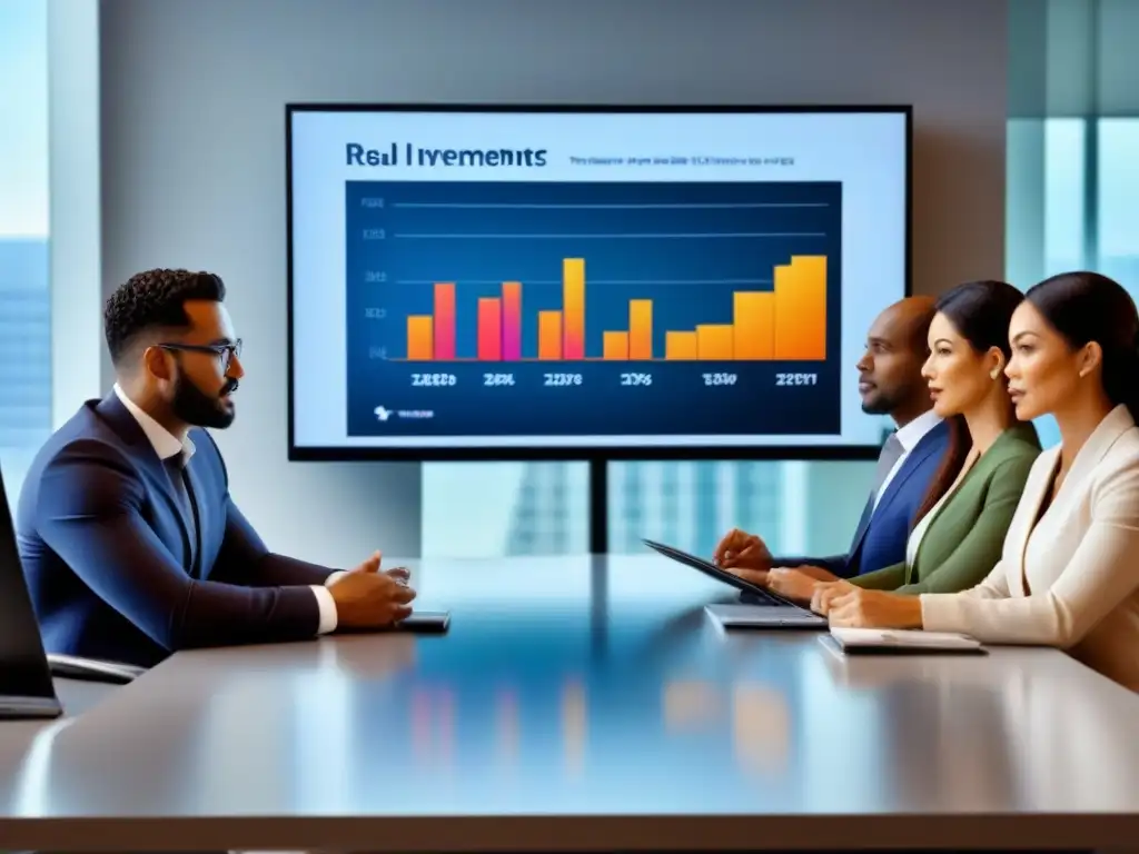 Expertos inmobiliarios diversificados en sala de reuniones tecnológica Expertos en inversión inmobiliaria debaten gráficos en sala de juntas moderna