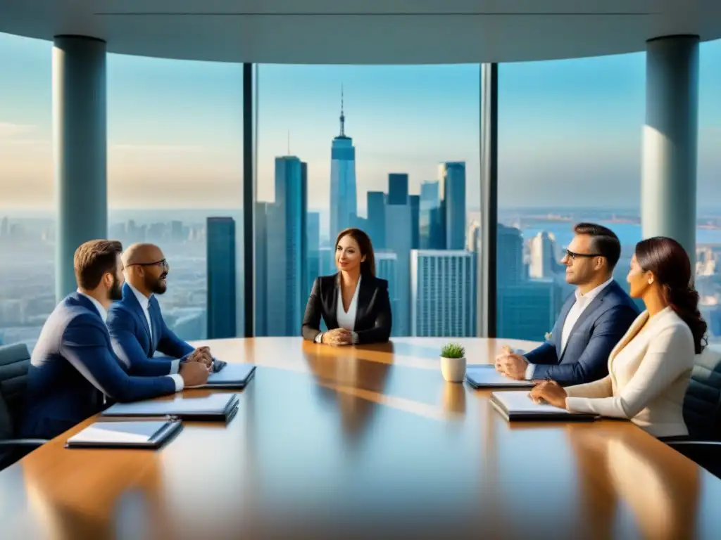 Líderes de REIT en mesa de negociaciones Expertos inversores REITs comerciales en moderna sala de juntas, inspirando éxito y decisiones estratégicas