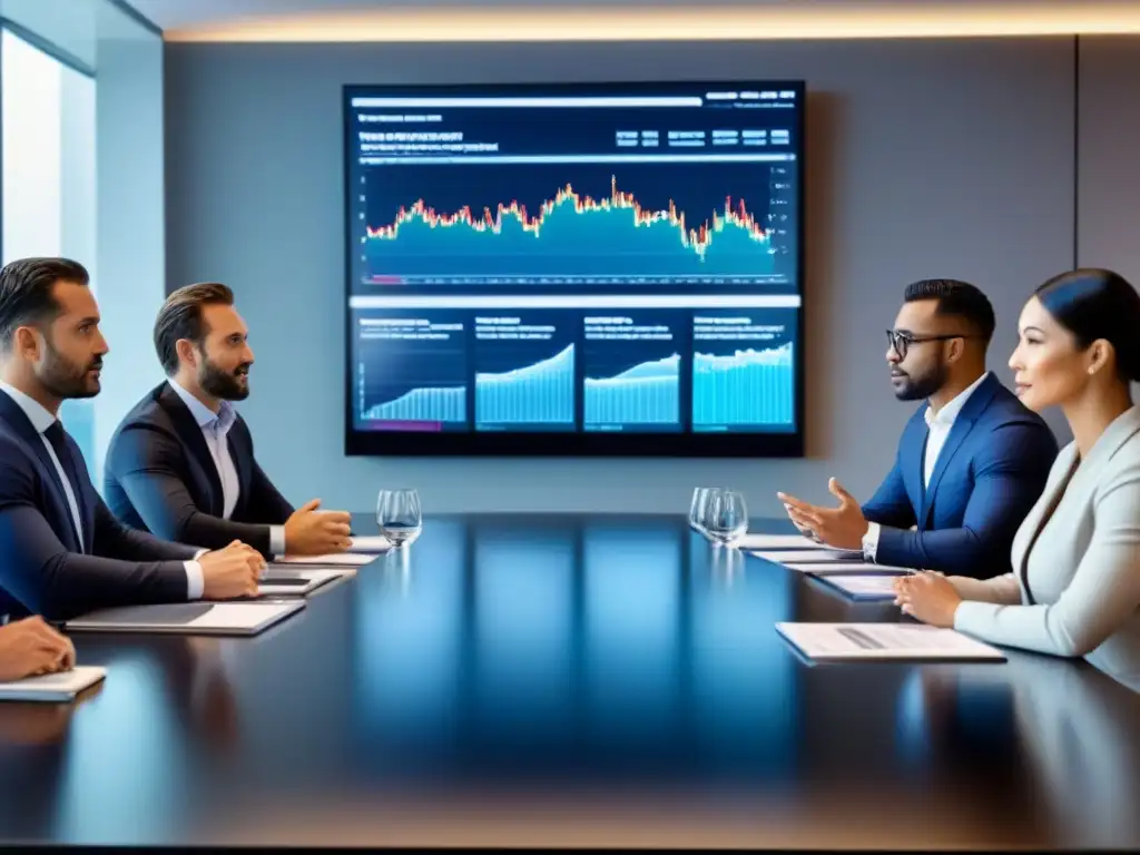 Expertos en estrategias de inversión analizan mercado inmobiliario Expertos inversores planifican estrategias en sala de juntas moderna