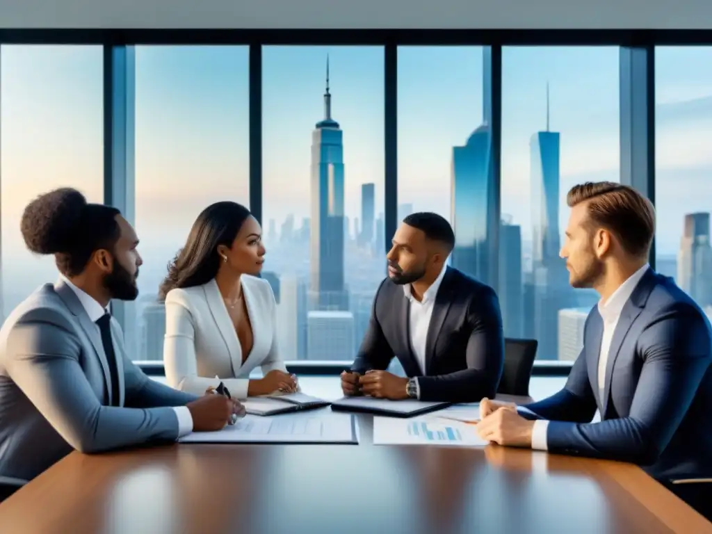 Expertos inversores analizan gráficos financieros en moderna sala de juntas, con vista a la ciudad