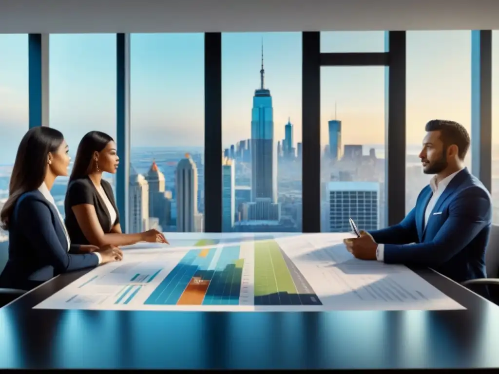 Inversión inmobiliaria: Estrategias en moderna sala de reuniones Expertos en préstamos inmobiliarios debaten estrategias en moderna sala de juntas con vista a la ciudad