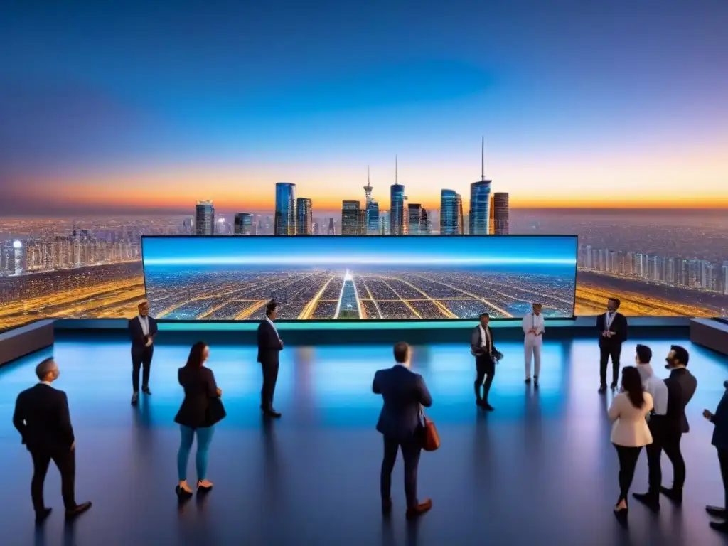 Mercado inmobiliario futurista en realidad virtual 8k Exploración futurista en marketplace inmobiliario digital con tecnología VR y datos analíticos, en ciudad al anochecer