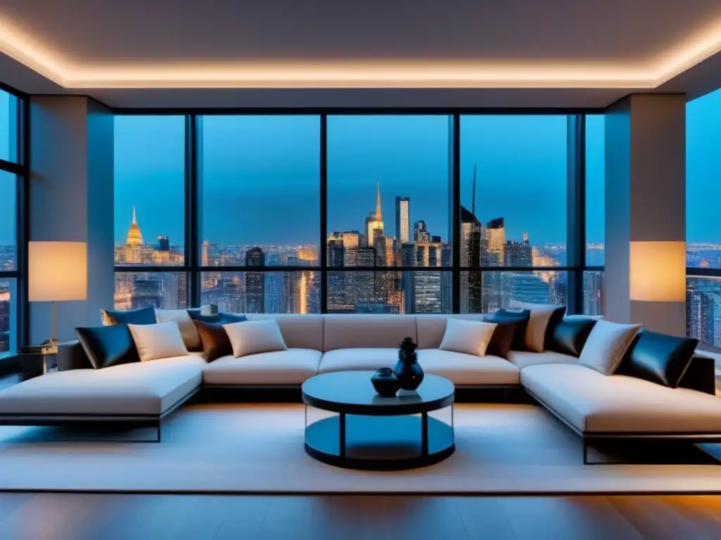 Exquisito penthouse de lujo con vista panorámica de la ciudad al anochecer, perfecto para satisfacer las necesidades del inquilino exigente