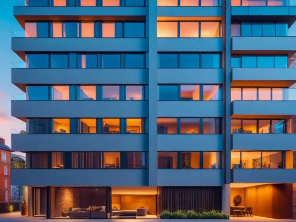 Edificio de apartamentos moderno y lujoso iluminado por la ciudad de noche Fachada de edificio moderno y lujoso con iluminación ambiental reflejando la ciudad de noche, mostrando la gestión eficiente de deudas inmobiliarias
