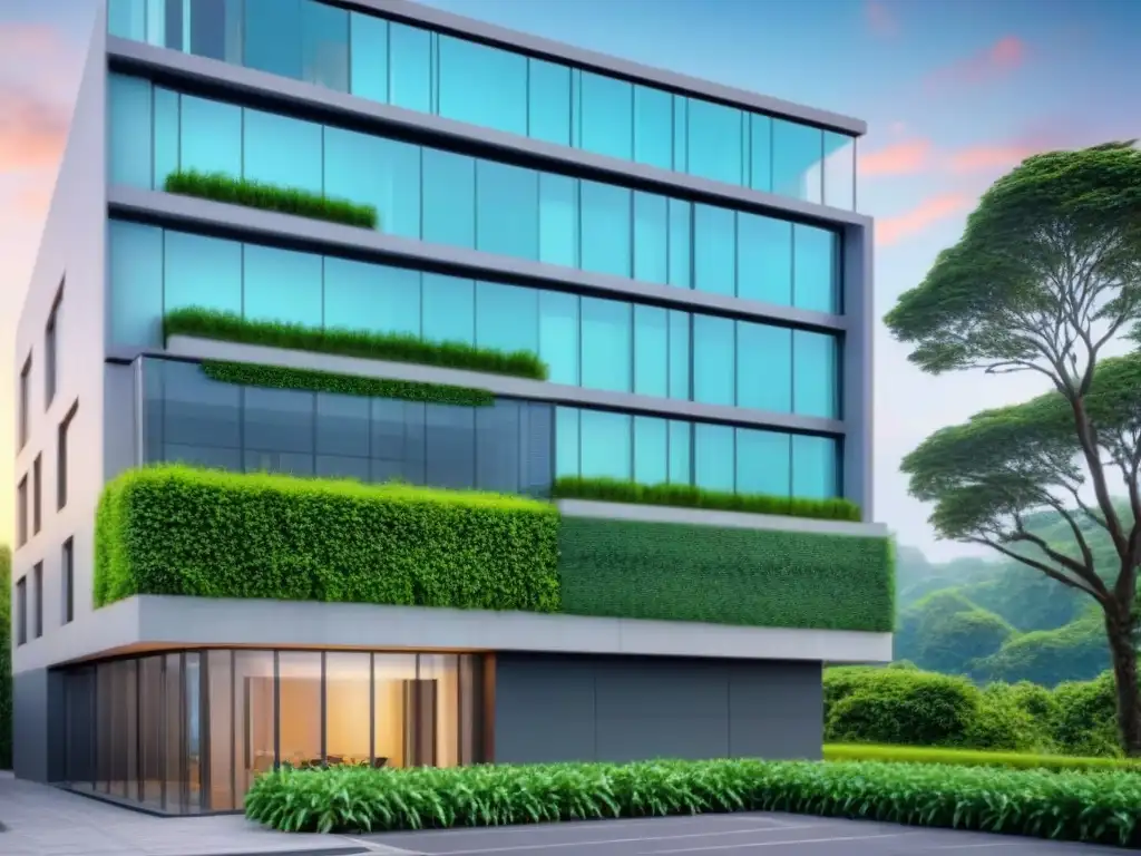 Edificio corporativo ecoeficiente: tecnología y sostenibilidad Fachada de edificio de oficinas moderno con métricas de eficiencia y vegetación exuberante