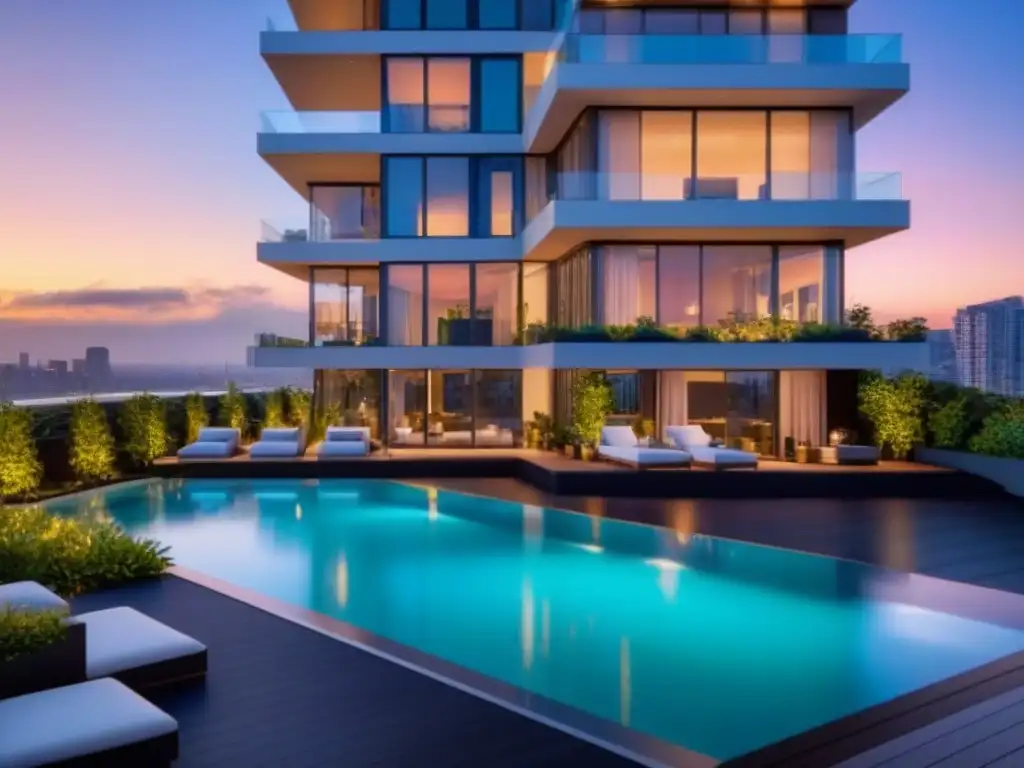 Condominio de lujo al atardecer: diseño moderno y jardines exuberantes Fachada moderna de condominio al atardecer, reflejando la ciudad en cristales, rodeada de vegetación y con piscina en terraza