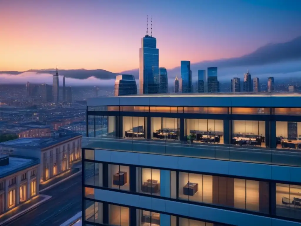 Edificio de oficinas moderno y elegante con vistas urbanas al atardecer Fachada moderna de oficina con vidrios de piso a techo, iluminada y reflejando la ciudad al atardecer