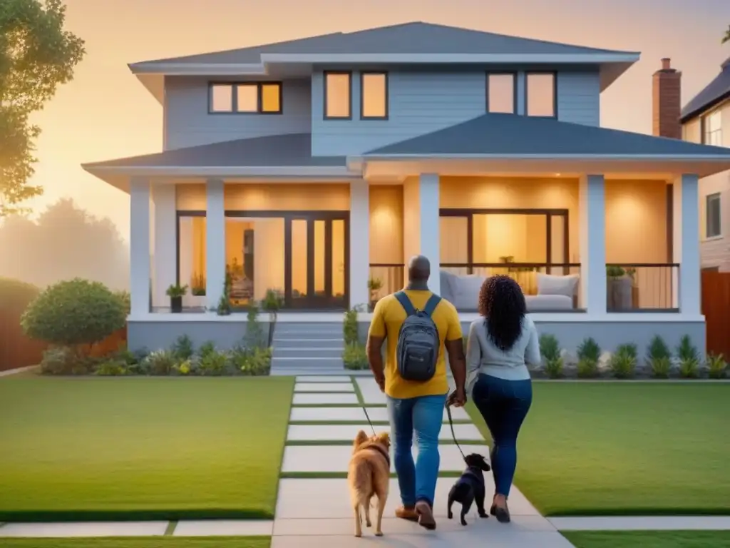 Feliz familia en su hogar refinanciado: diseño moderno y acogedor Una familia diversa feliz frente a su hogar refinanciado con un diseño moderno y elegante