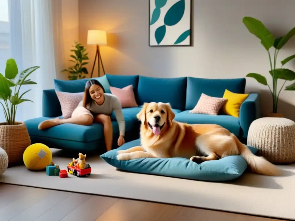 Familia feliz junto a su perro en acogedor salón moderno Familia feliz disfruta de beneficios emocionales de tener una mascota en su hogar, con un perro golden retriever juguetón