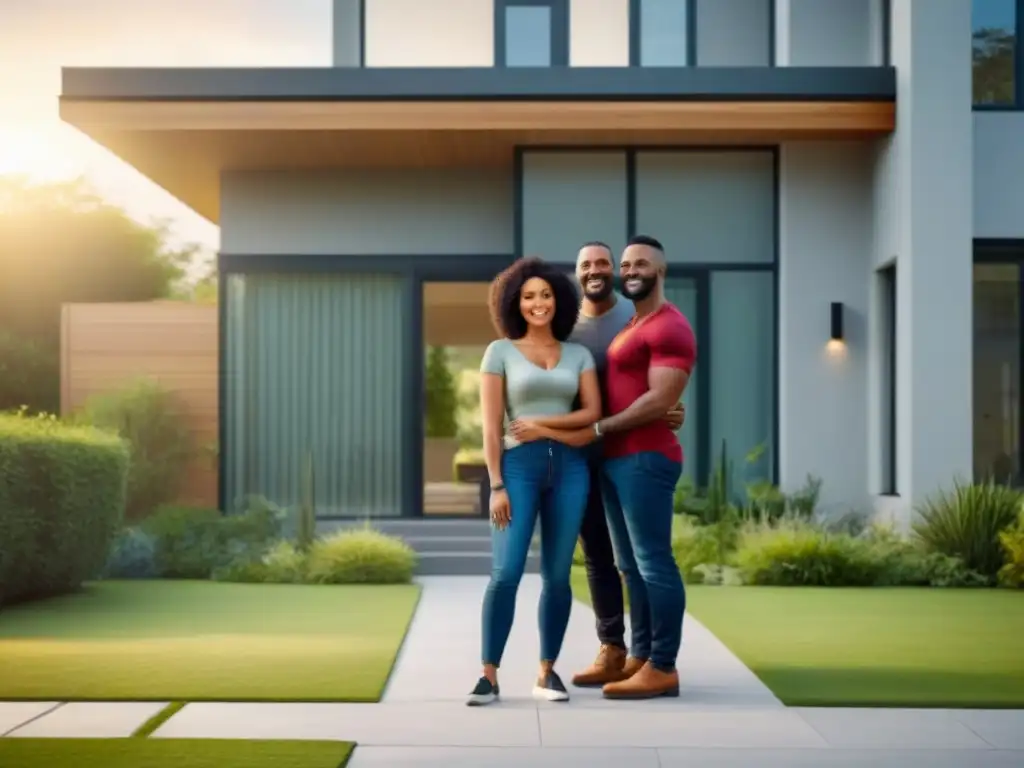 Nuevo hogar: seguridad y felicidad familiar con seguro de vida Una familia feliz frente a su nueva casa, con luz cálida