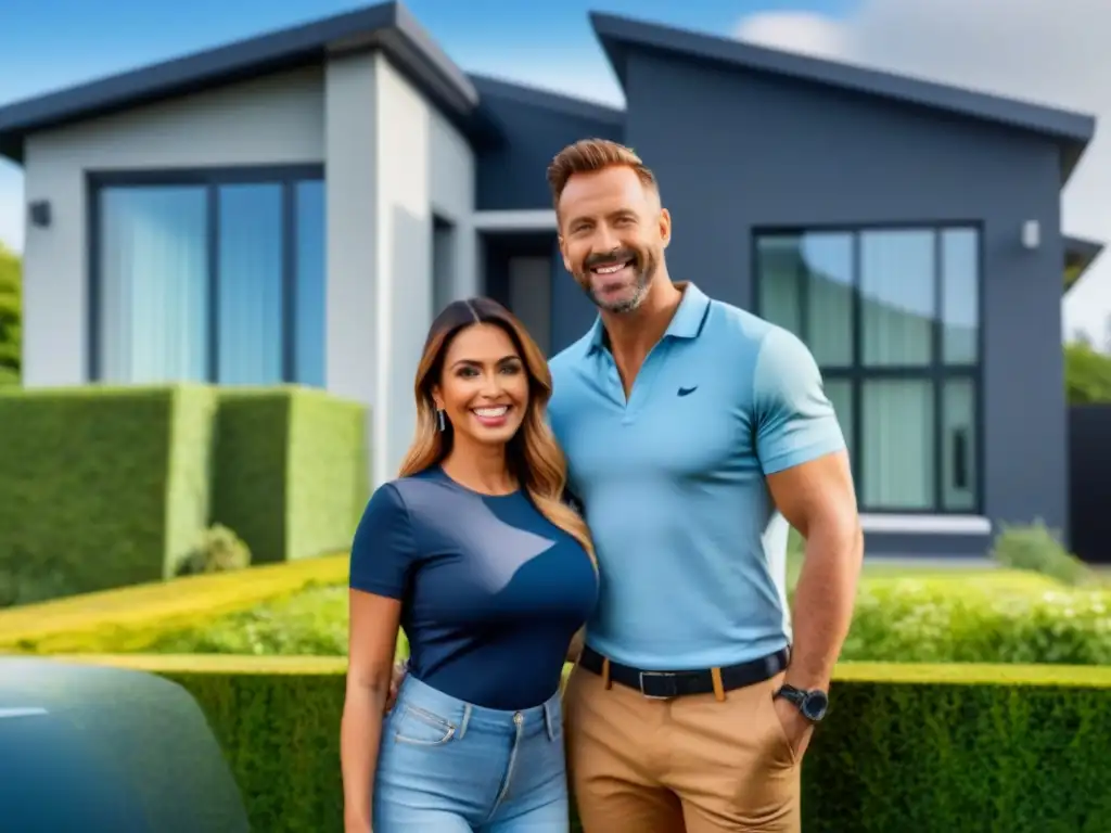 Familia feliz en su nuevo hogar: seguridad y protección Una familia feliz frente a su nueva casa, rodeada de naturaleza