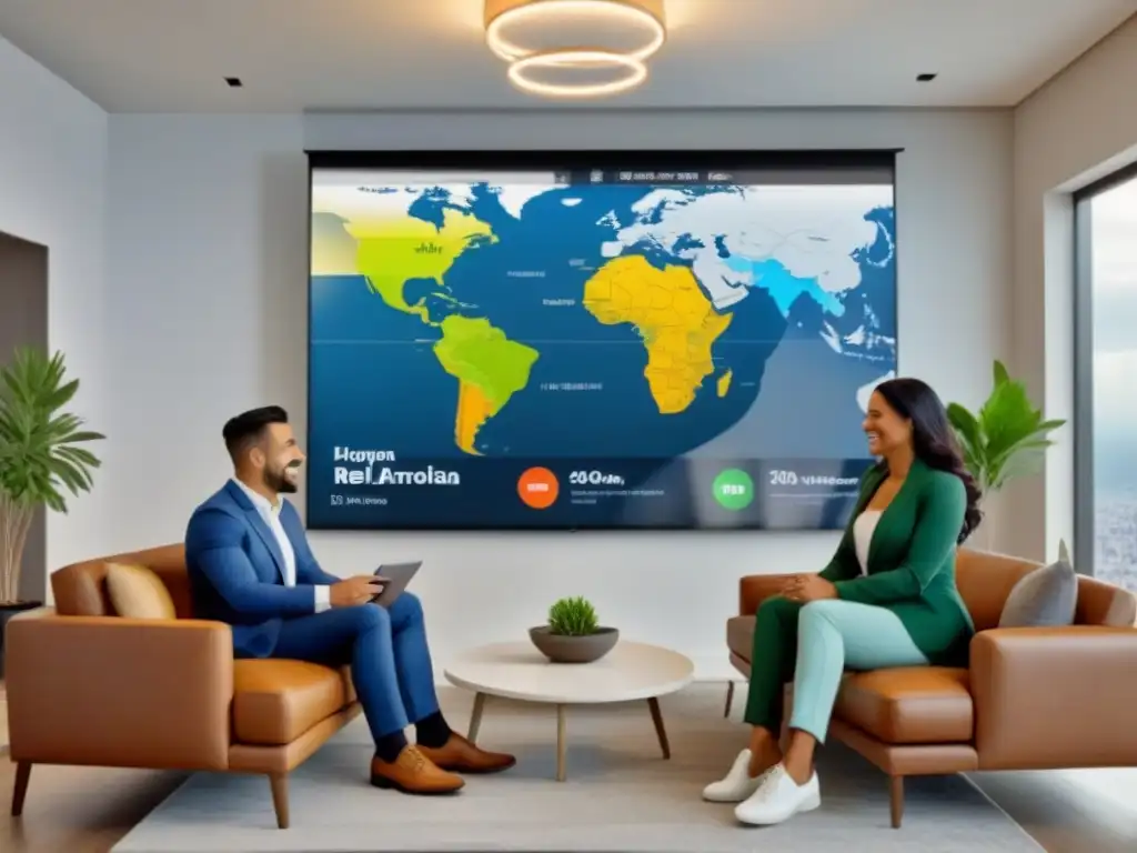 Diversidad en Banca: Asesoría de Préstamos Inmobiliarios en América Latina Una familia hispana, una pareja asiática y un individuo negro sonríen mientras discuten opciones de préstamos inmobiliarios en un banco moderno