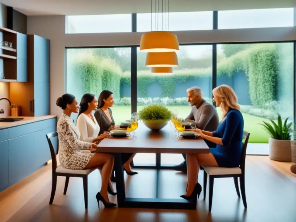 Armonía familiar en cocina contemporánea de diseño Una familia multigeneracional disfruta de armonía en su hogar moderno, demostrando los beneficios de invertir en inmuebles