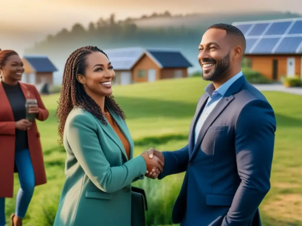 Agentes inmobiliarios éticos: compradores felices en desarrollo sustentable Familias felices firmando contrato con agente inmobiliario en desarrollo sostenible