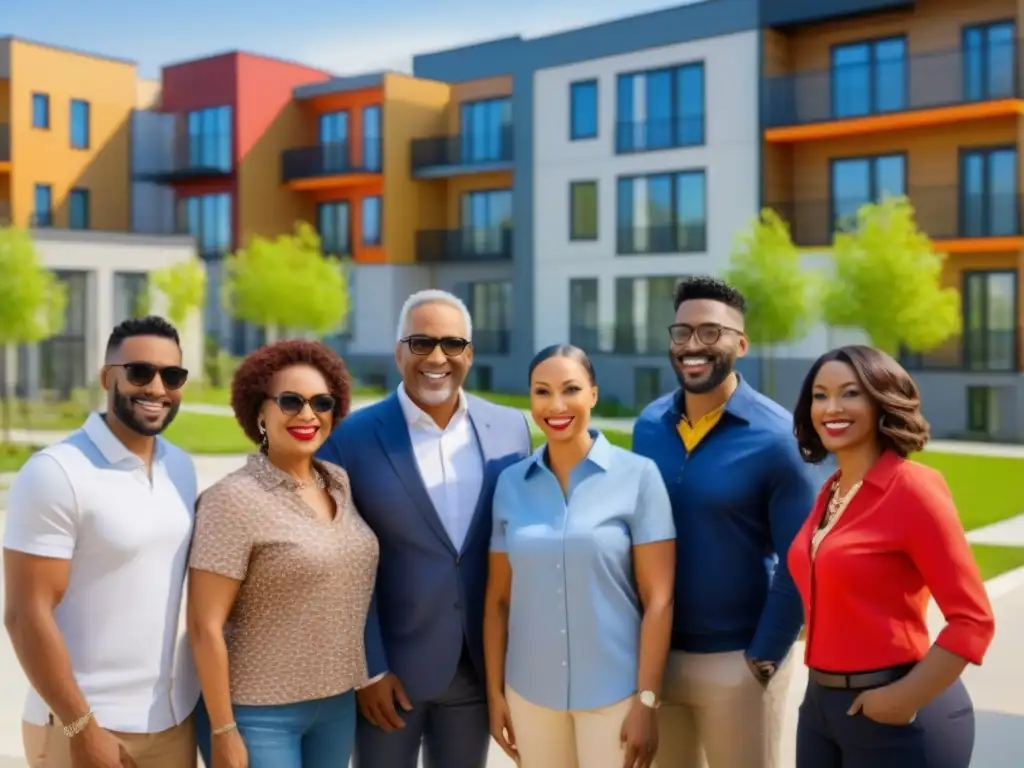 Vecindario inclusivo: familias felices en complejos de vivienda asequible financiados por cooperativas de crédito Familias felices frente a complejos de vivienda financiados por cooperativas de crédito, en una comunidad inclusiva