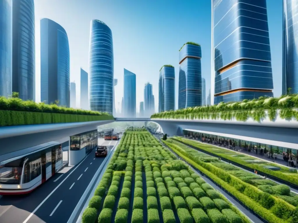 Metrópolis futurista sostenible: arquitectura verde innovadora Fantástica ciudad futurista con rascacielos sostenibles y diseño verde, reflejando financiamiento verde cambio climático inmobiliario