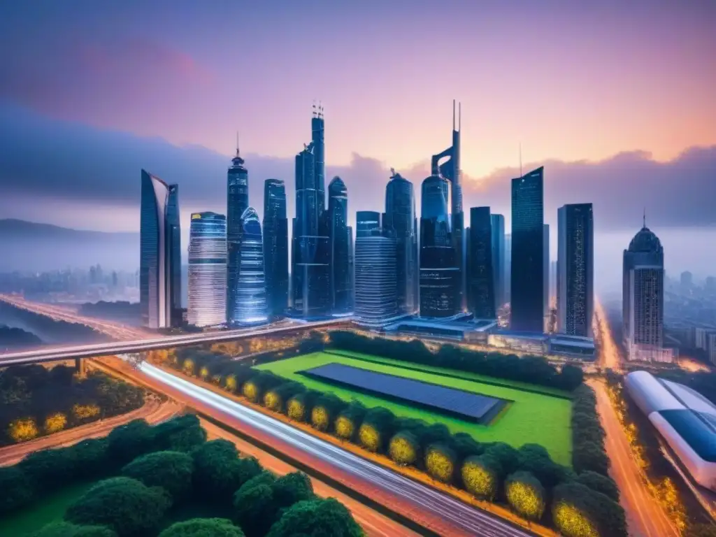 Metrópolis futurista: luces y tecnología en armonía Fascinante ciudad futurista al anochecer, con rascacielos iluminados y tecnología avanzada