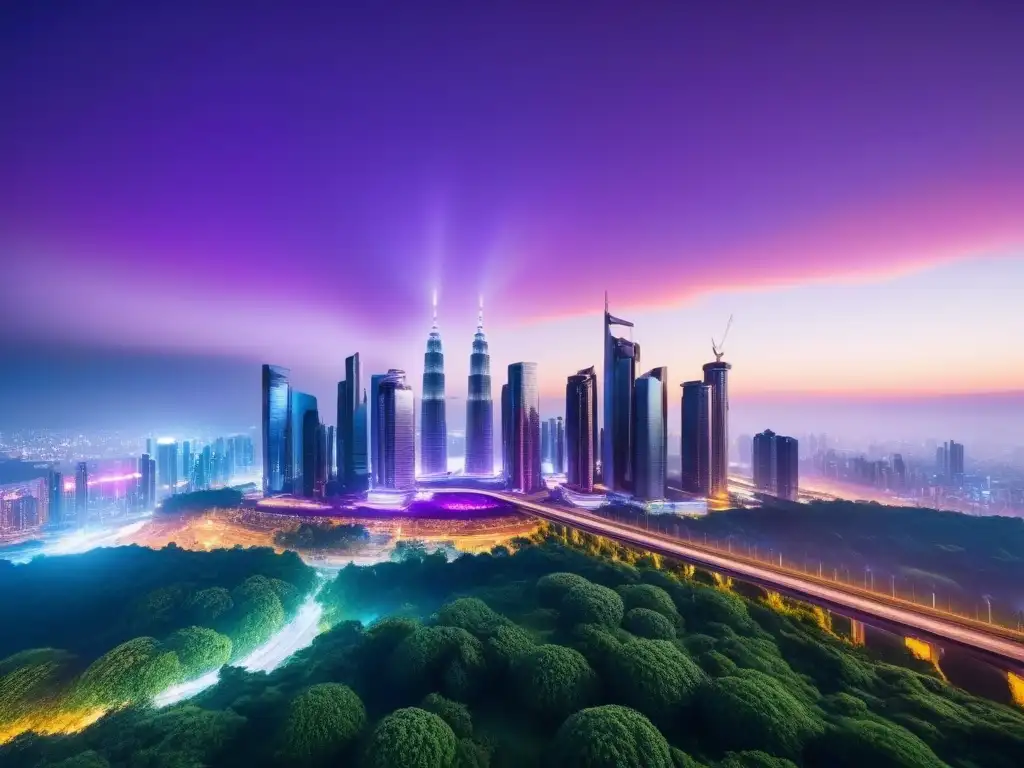 Fascinante ciudad futurista al anochecer, con rascacielos iluminados por luces neón y naturaleza exuberante