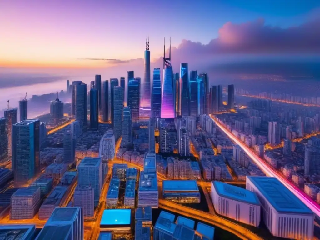 Metrópolis futurista: rascacielos de cristal y luces de neón en 8k Fascinante ciudad futurista al anochecer con tecnología avanzada y luces neón, reflejando la predicción del valor de propiedad por IA