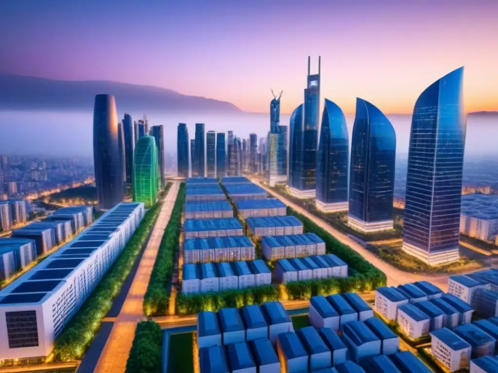 Metrópolis futurista: IA revoluciona la valoración inmobiliaria Fascinante ciudad futurista al anochecer con IA en valoración inmobiliaria