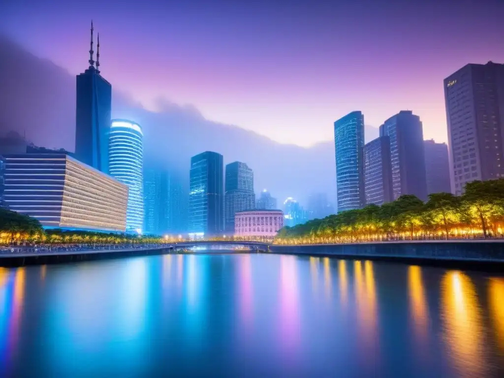 Metrópolis vibrante al atardecer: luces, río y diversidad Fascinante ciudad nocturna con rascacielos iluminados y gente diversa en el paseo marítimo