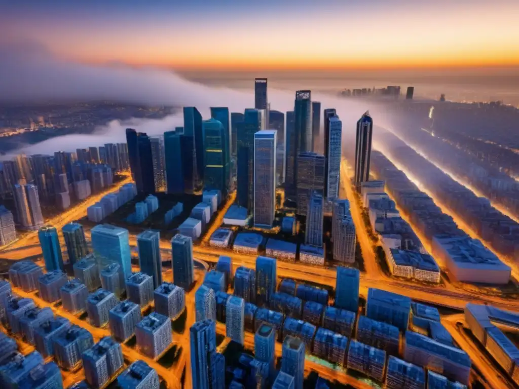 Fascinante imagen de la ciudad al atardecer con rascacielos modernos, reflejando avances en el financiamiento inmobiliario cambios regulatorios