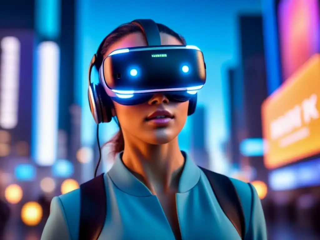 Realidad virtual futurista: casco holográfico en entorno digital Fascinante Realidad Virtual en inversiones inmobiliarias, con auriculares futuristas y hologramas digitales