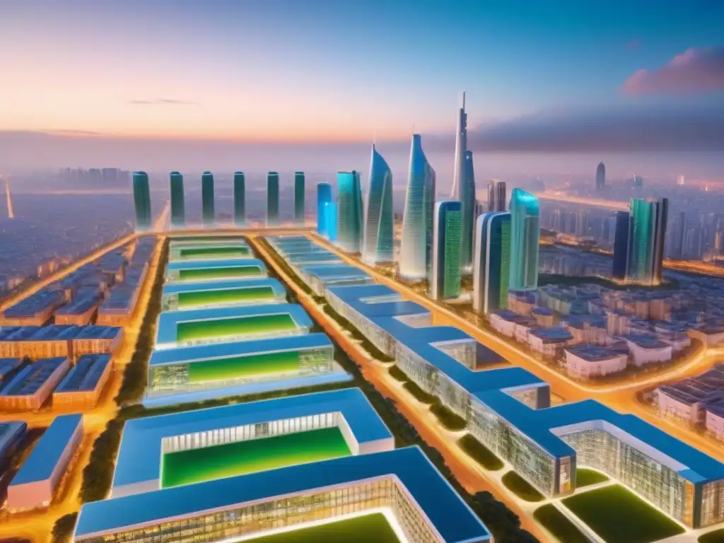 Metrópolis inteligente del futuro: 5G y sostenibilidad Fascinante skyline futurista con tecnología 5G en sector inmobiliario