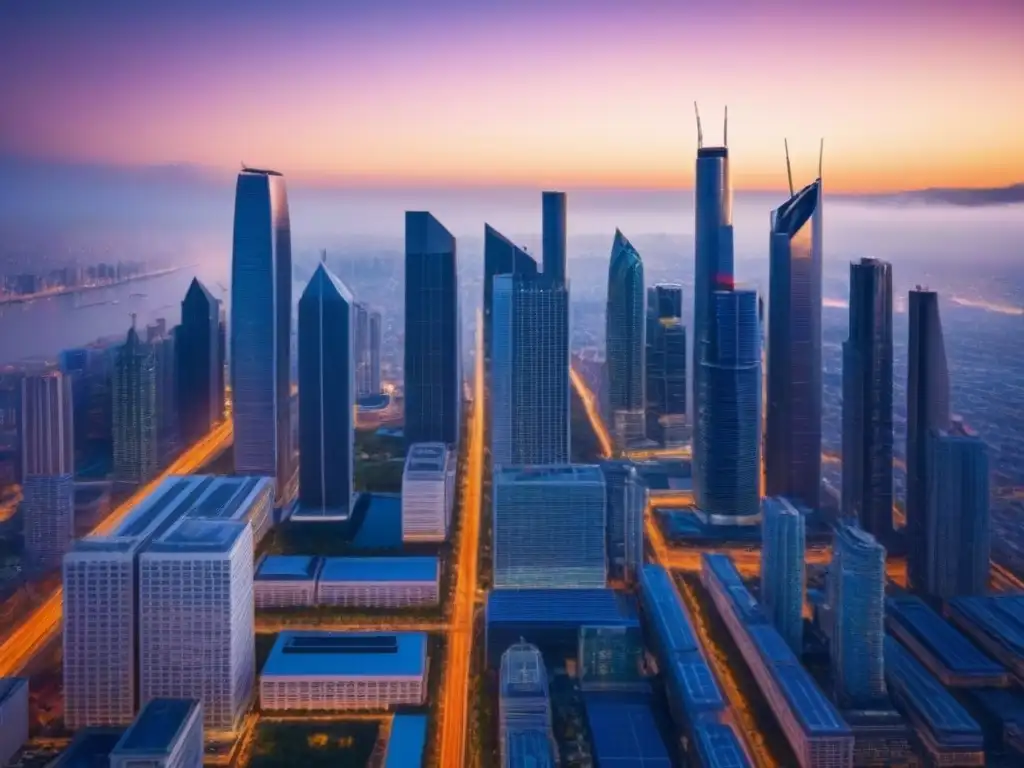 Horizonte urbano futurista: luces vibrantes y arquitectura ecofriendly Fascinante skyline urbano al anochecer, con rascacielos ecofriendly iluminados