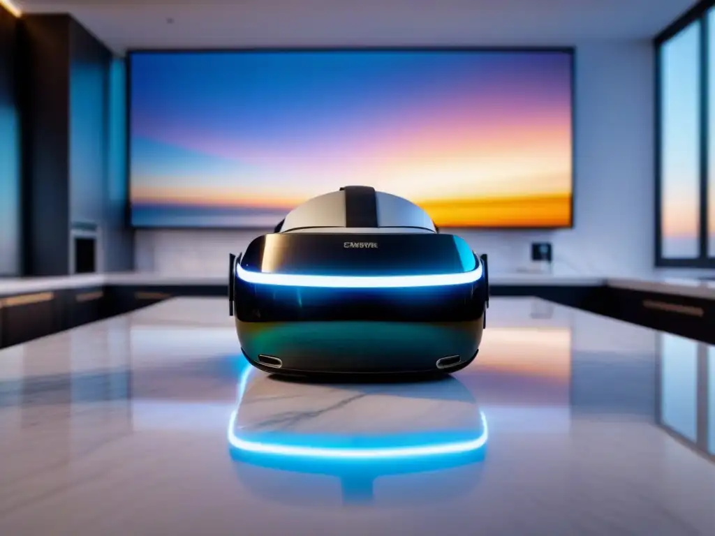 Realidad virtual inmobiliaria: casas futuristas en 8k Fascinante visión de Realidad Virtual en visitas inmobiliarias, con auriculares en mármol y hologramas futuristas