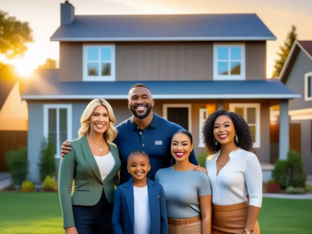 Hogares felices: diversidad cultural y progreso con préstamos FHA Felices familias de diferentes culturas frente a sus nuevas casas, reflejando diversidad y progreso gracias al Préstamo FHA