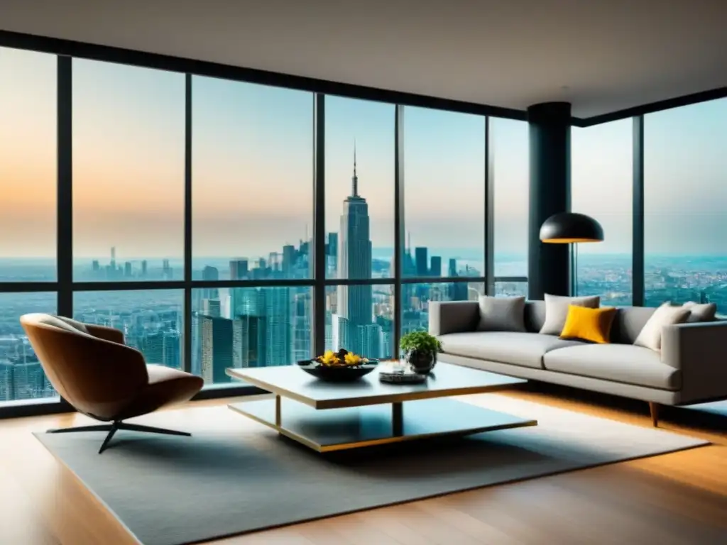 Sala de estar de lujo en apartamento con vista panorámica Fidelización de clientes en inmobiliaria: Elegante sala de estar moderna con vista panorámica a la ciudad y decoración sofisticada