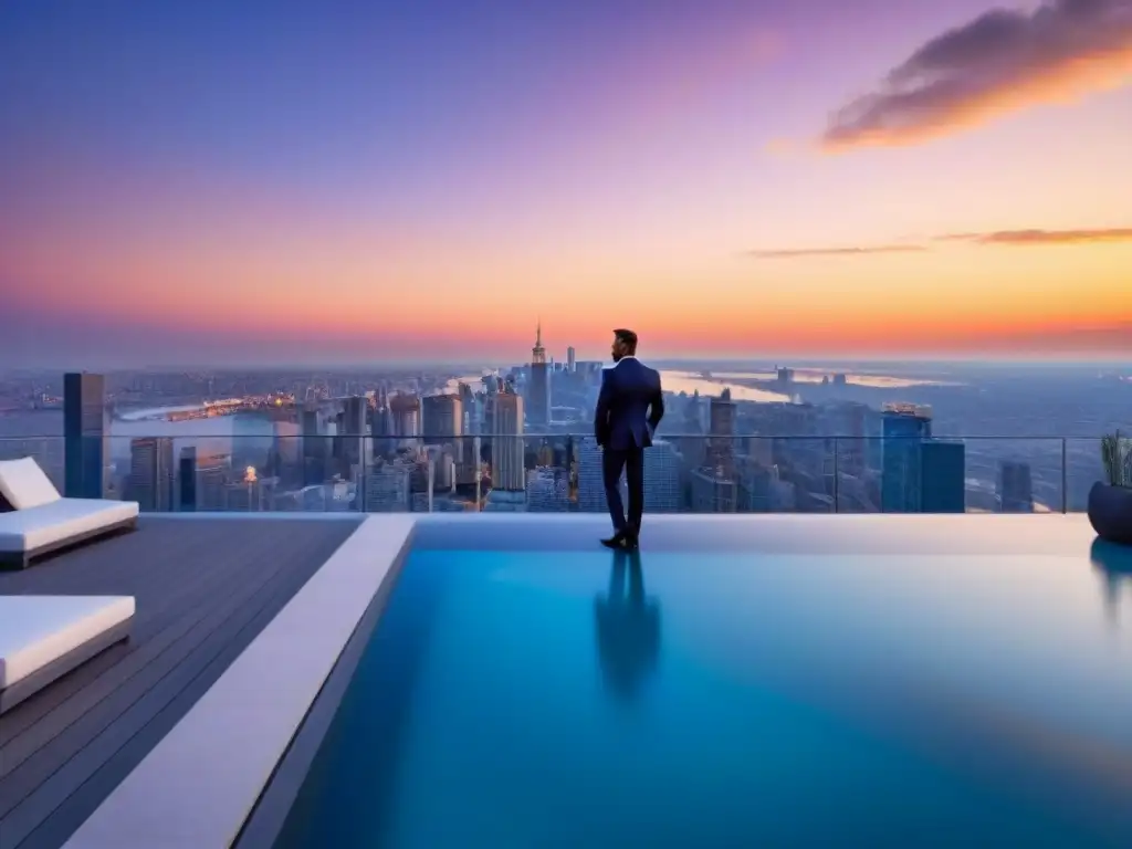 Penthouse de lujo con infinity pool y vistas panorámicas al atardecer Financiamiento para bienes raíces de lujo: Penthouse moderno con vistas panorámicas a la ciudad al atardecer y una piscina infinita en la azotea