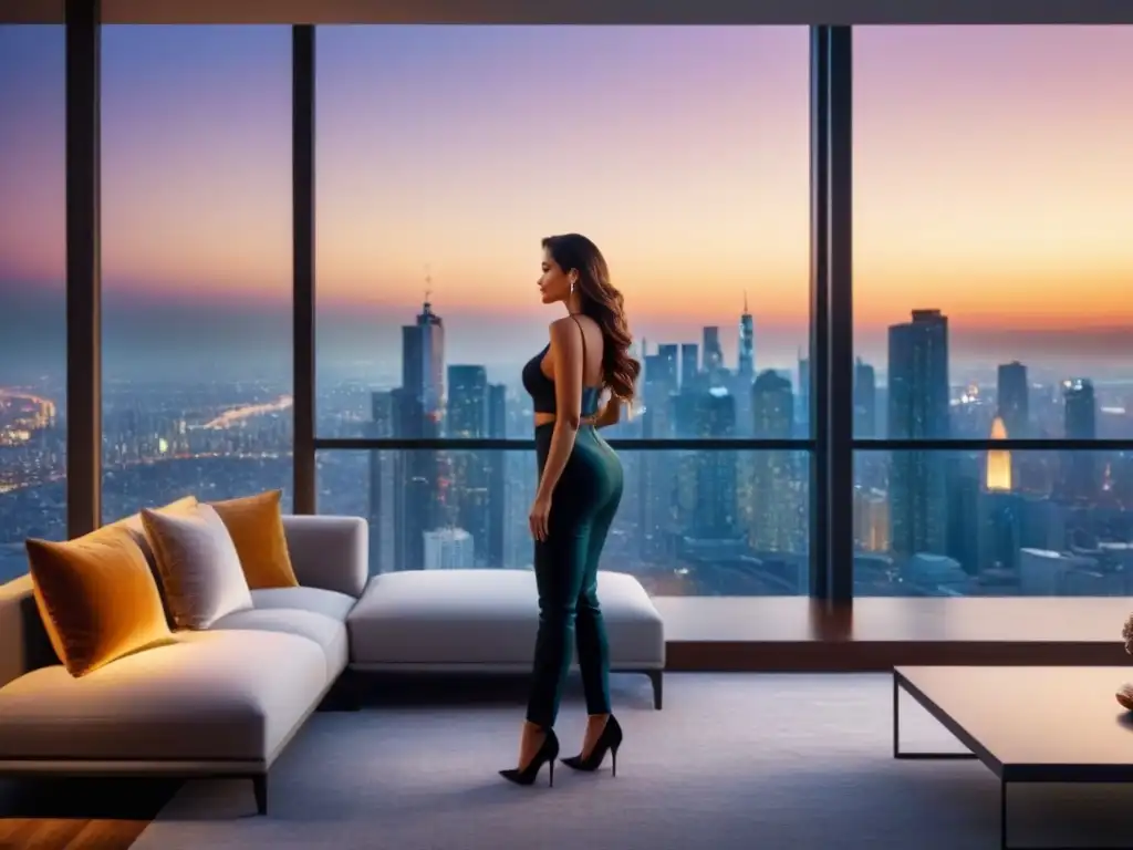 Penthouse de lujo con vista panorámica al atardecer Financiamiento para bienes raíces de lujo: Penthouse moderno con vista a la ciudad al atardecer