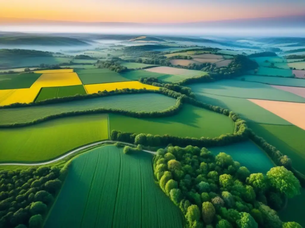 Esplendor rural: paisaje verde y sereno bajo cielo azul Financiamiento inmobiliario en áreas rurales: Vista aérea impresionante de un paisaje rural pintoresco, con campos verdes y un río serpenteante