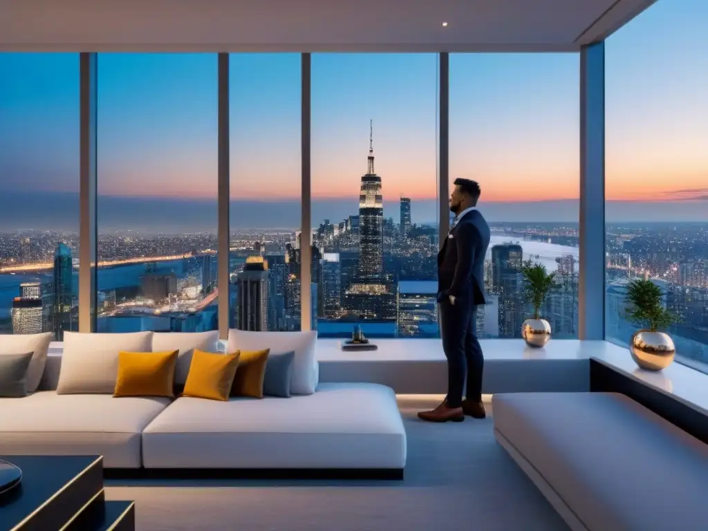 Financiamiento propiedades lujo tecnología: Penthouse moderno de lujo con vista a la ciudad al atardecer y diseño elegante