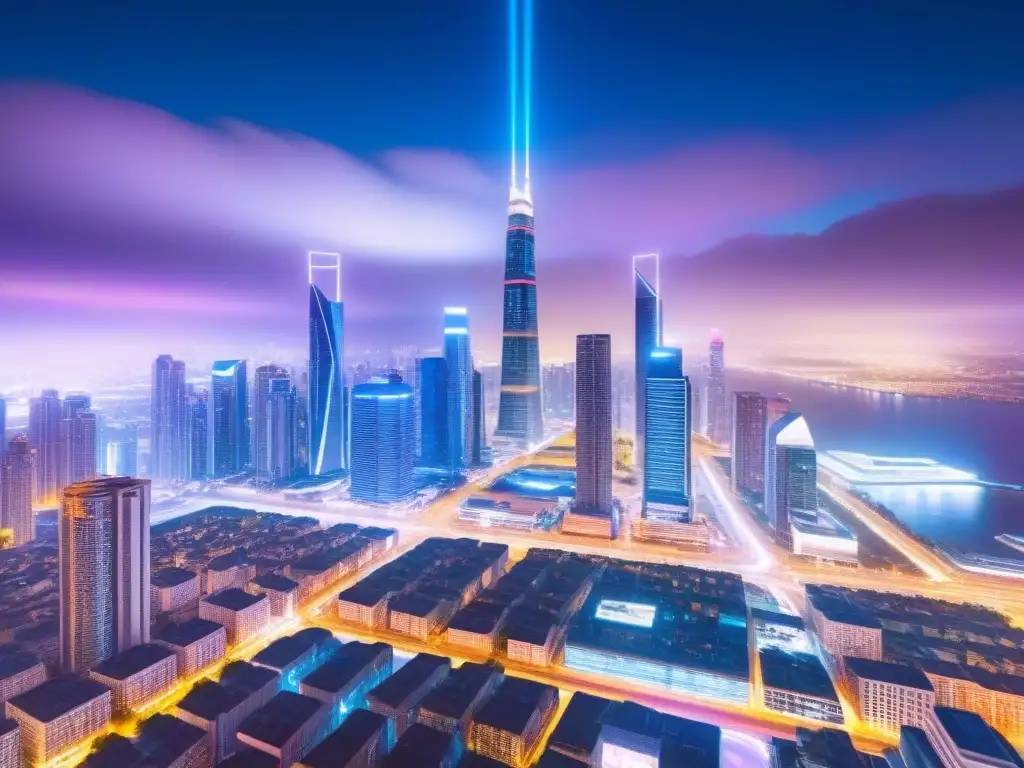 Metrópolis futurista: innovación en finanzas inmobiliarias 2023 Descubre la innovación en Finanzas Inmobiliarias 2023 en una ciudad futurista de noche, llena de luces neón y hologramas